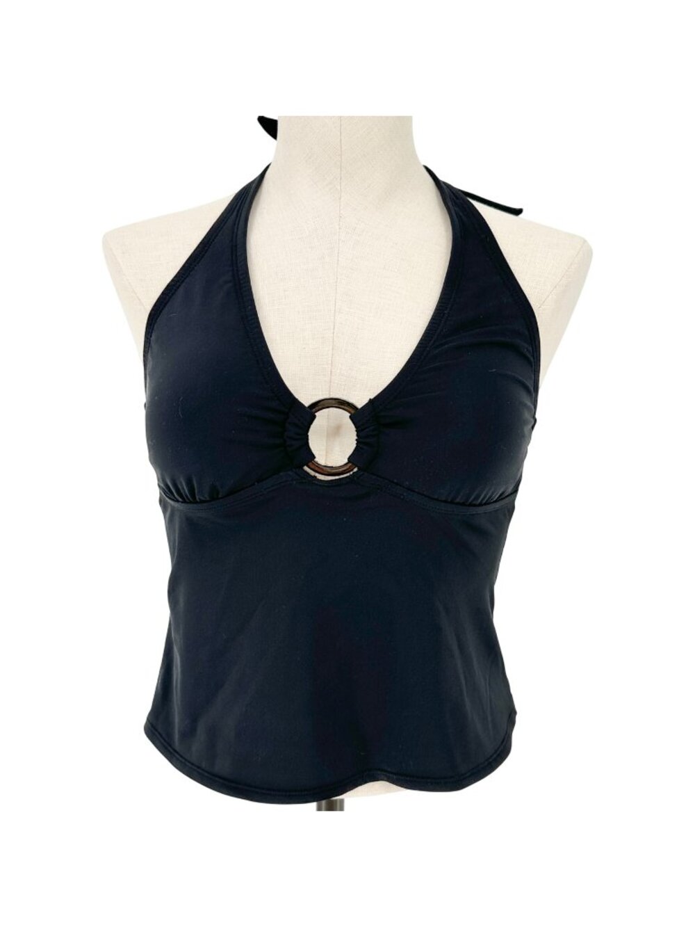 Halter Tankini Swimwear Top Womens Size Small Black With Ring Accent Tie Closure